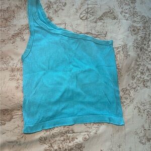 Women's Blue Ribbed One-Shoulder Top